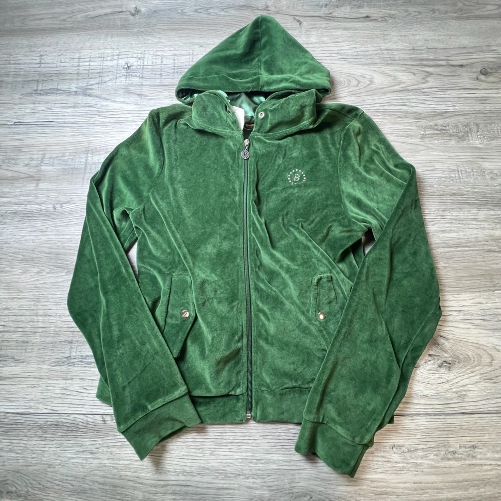 Bongo Velour Hoodie Womens XL Green Zip Up Rhinestone Y2K McBling Jacket